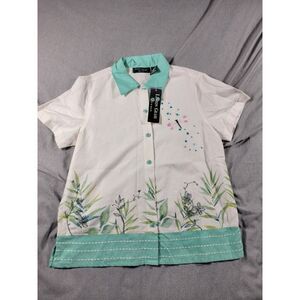 NEW Lemon Grass Dragonfly Floral  Embroidered Button Up Top Small‎ Linen Blend